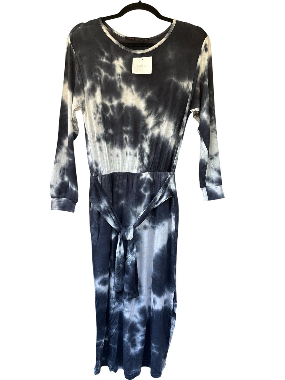 Tie-Dye Long Sleeve Midi Dress in Black and White